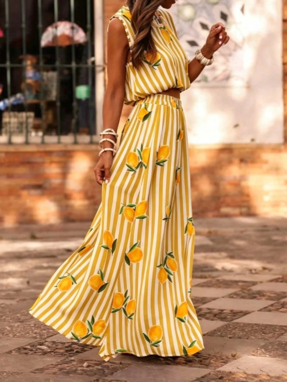 Classic Lemon Print Stretchy Waist Maxi Skirt Cropped Top Sleeveless Top set - Picture 4 of 4